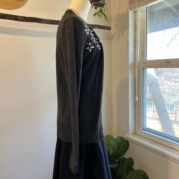 Gray Button Front Crystal Embroidered Holiday Winter Cardigan Sweater Size XS - Picture 3 of 11